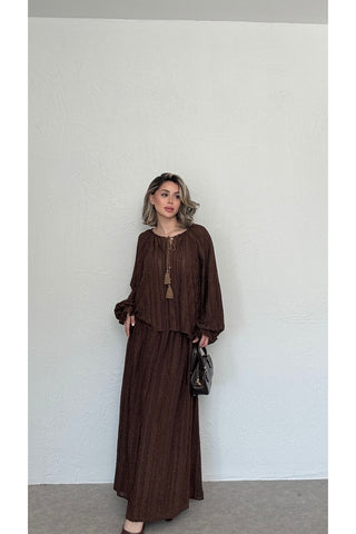 Oversize Bluz Ve Etek Takım-Kahverengi-EU2164