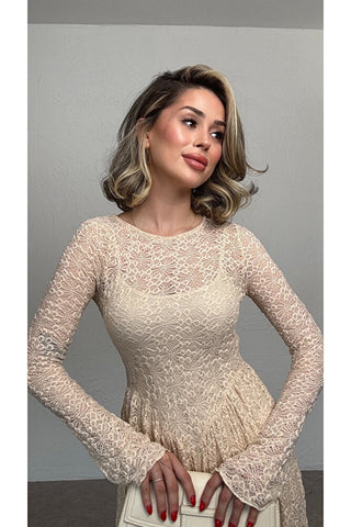 Loren Dantel Elbise - Bej - K1002