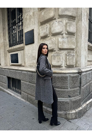 Oversize Simli Astarlı Kaşe Kaban