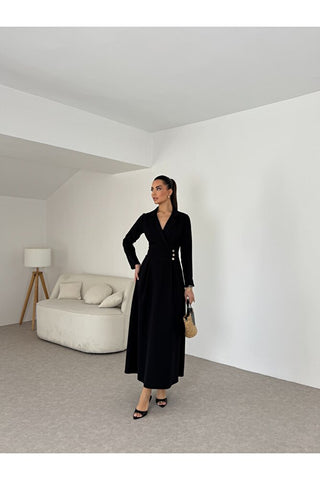 Kruvaze yaka düğme detaylı kadın uzun boy elbise