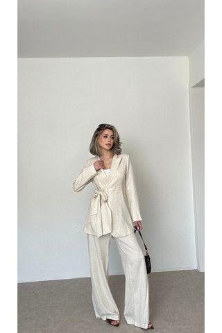 BEL DETAYLI CEKET- PANTOLON-Bej