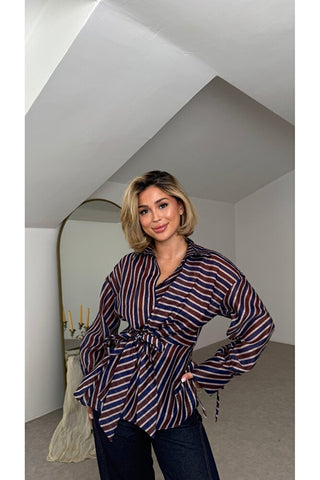Kruvaze Tül Gömlek - Lacivert - EU5235