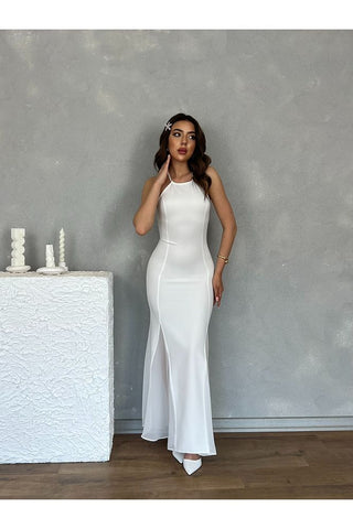 Şifon Detaylı Uzun Boy Vücudu Saran Gece Mezuniyet Nişan Kadın Elbise