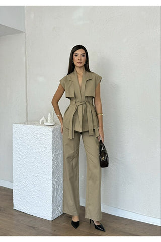 Rüzgarlık Detaylı Kuşaklı Kolsuz Kadın Şık Klasik Günlük Nişan Düğün Pantolon Yelek Takım