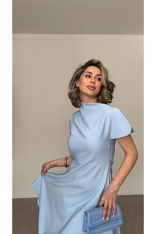 Asimetrik Yaka Midi Elbise-Mavi-EU3169