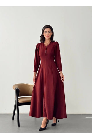 V Yaka Önü Düğme Detaylı Belden Oturan Uzun Boy Günlük Özel Gün Kadın Elbise