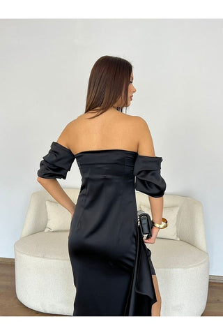 Gold Toka Detaylı Asimetrik Saten Elbise