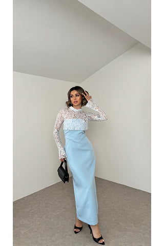 Grace Dantel Detaylı Midi Elbise - Mavi - EU3219