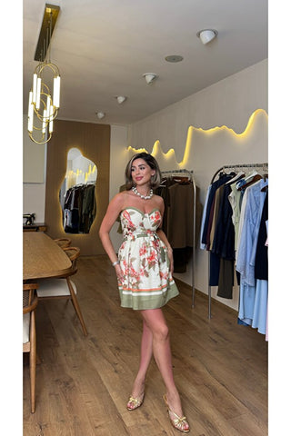 Olivia Straplez Çiçek Desenli Mini Elbise - Haki - EU3222