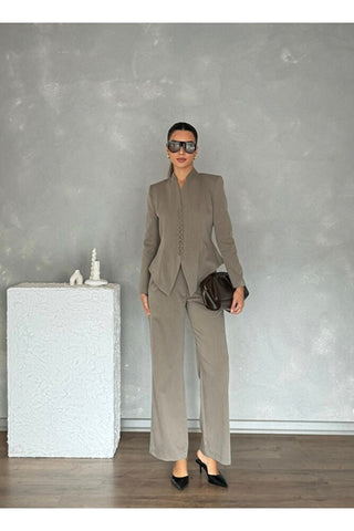 Vatkalı Önü Düğmeli Klasik Kadın Arven Ceket Pantolon Takım