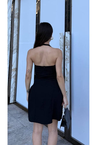 Sırt Dekolteli Boyundan Düğme Kapamalı Mini Yazlık Elbise