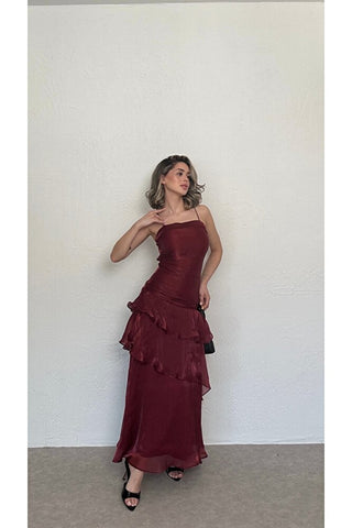 Volanlı Askılı Elbise-Bordo-EU3196