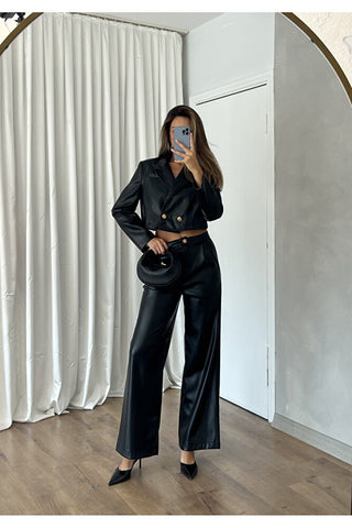 Kadın Deri Astarlı Kısa Ceket Pantolon Takım