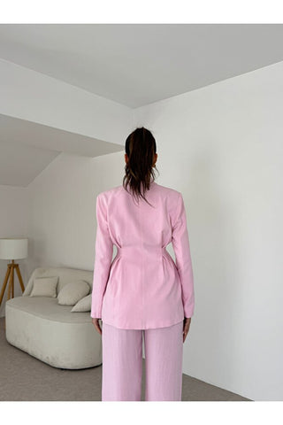 Keten Pileli Ceketli Takım-Pembe