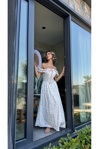 Romance Korsaj Elbise - Kırmızı Çiçek Desenli - EU3213