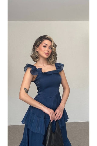 Fırfırlı Organze Elbise-Lacivert-EU3193