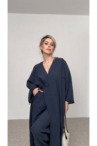 Biyeli Tensel Kimono Pantolon Takım-Lacivert