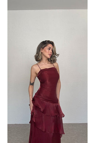 Volanlı Askılı Elbise-Bordo-EU3196