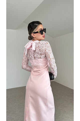 Grace Dantel Detaylı Midi Elbise - Pembe - EU3219