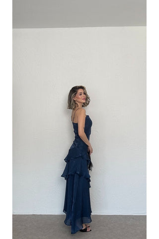 Volanlı Askılı Elbise-Lacivert-EU3196