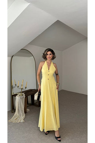 Sole Halter Yaka Maxi Elbise - Sarı - EU3211