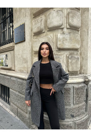 Oversize Simli Astarlı Kaşe Kaban