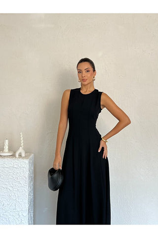 Biyeli Uzun Belden Aşağı Çan İnen Kolsuz Şık Günlük Kadın Elbise