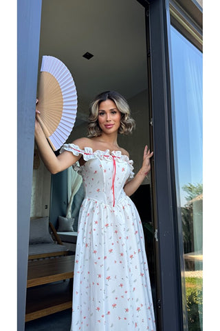 Romance Korsaj Elbise - Kırmızı Çiçek Desenli - EU3213