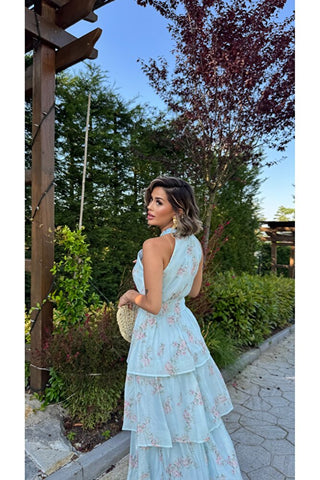 Volanlı Çiçek Desenli Elbise - Mavi - EU3221