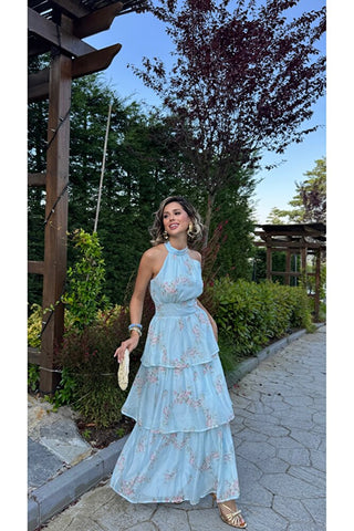 Volanlı Çiçek Desenli Elbise - Mavi - EU3221