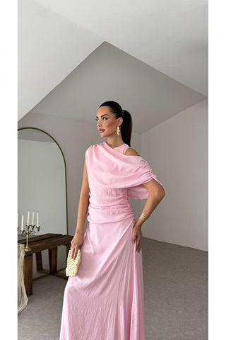 Şal Detaylı Uzun Boy Elbise-Pembe -EU3184