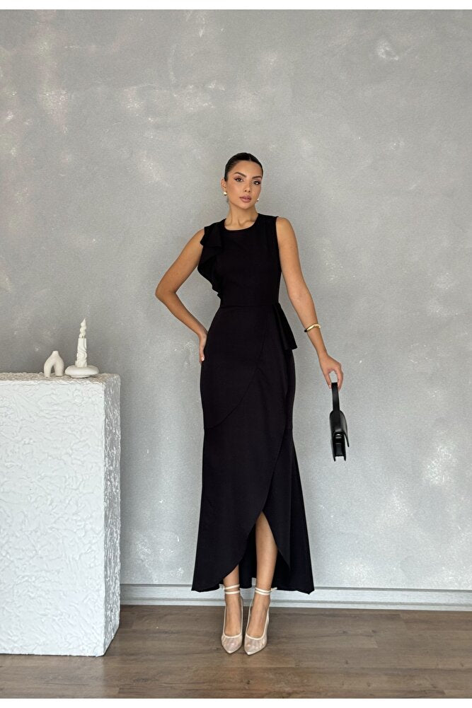 Asimetrik Kesim Eteği Ve Tek Kolu Volanlı Şık Özel Gün Kadın Davet Elbisesi