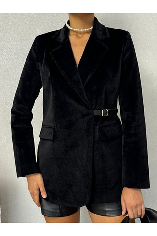 Yandan Kemer Detaylı Astarlı Kısa Kaşe Leya Ceket