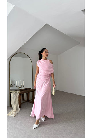 Şal Detaylı Uzun Boy Elbise-Pembe -EU3184