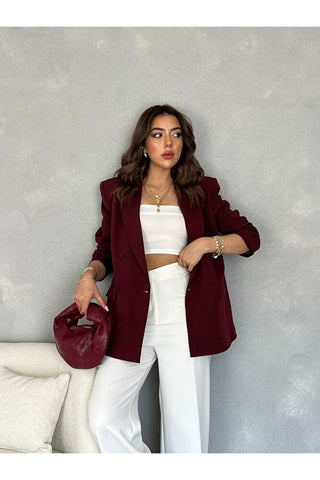 Çift Kapaklı Düğme Detaylı Vatkalı Astarlı Oversize Kadın Blazer Ceket