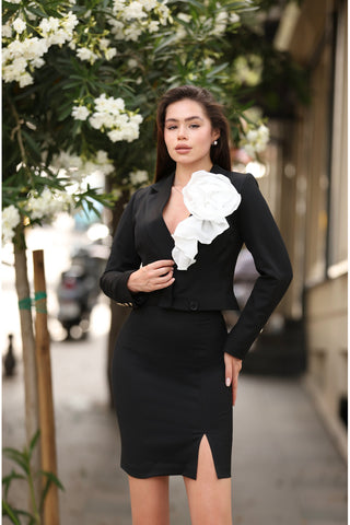 Poplin Gül Detaylı Ceket Etek TAKIM
