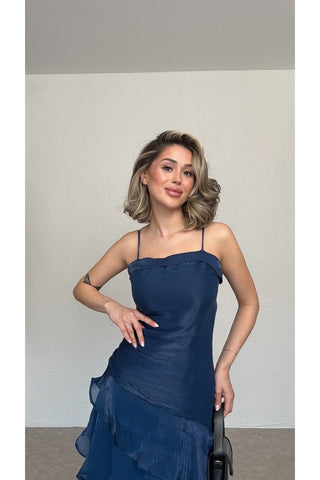 Volanlı Askılı Elbise-Lacivert-EU3196