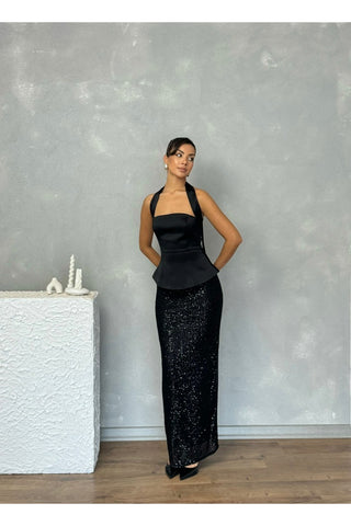 Straplez Seyyar Kuşaklı Üstü Saten Altı Pul Payet Özel Gün Şık Kadın Noire Elbise