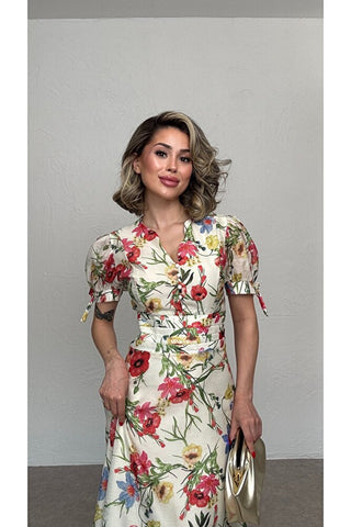 Karpuz Kol Desenli Elbise-Krem-EU3205