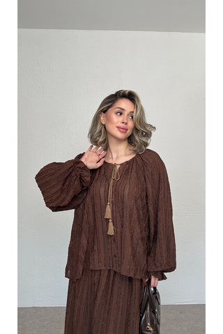 Oversize Bluz Ve Etek Takım-Kahverengi-EU2164
