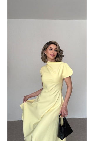 Asimetrik Yaka Midi Elbise-Sarı-EU3169
