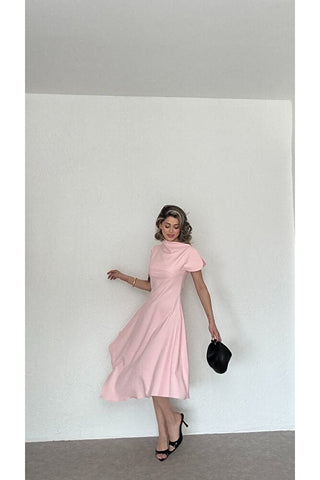 Asimetrik Yaka Midi Elbise - Pembe - EU3169