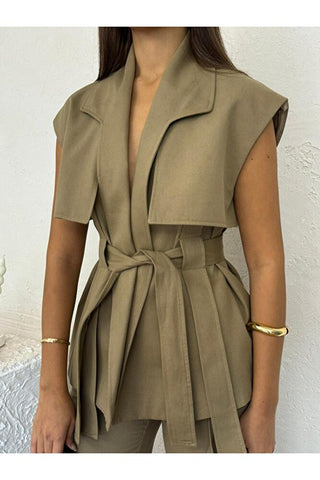 Rüzgarlık Detaylı Kuşaklı Kolsuz Kadın Şık Klasik Günlük Nişan Düğün Pantolon Yelek Takım