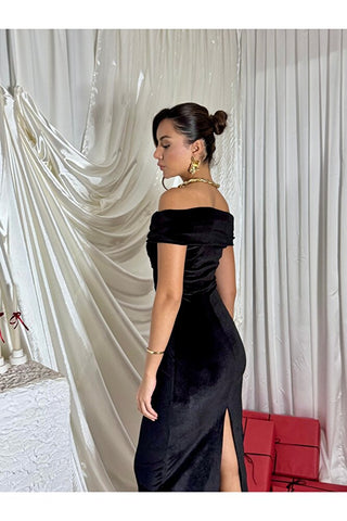 Drape Yakalı Kadife Uzun Boy Arkası Yırtmaçlı Kadın Özel Gün Vinoire Elbise