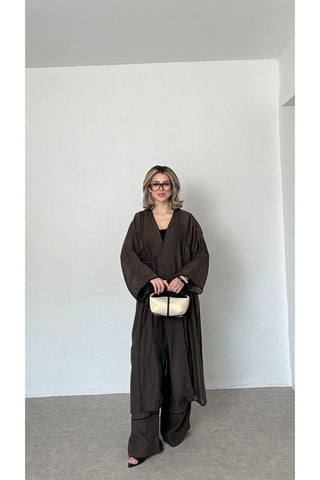 Biyeli Tensel Kimono Pantolon Takım-Kahverengi