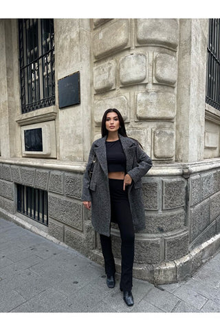 Oversize Simli Astarlı Kaşe Kaban
