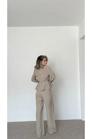 Volanlı Gömlek Pantolon Takım-Bej