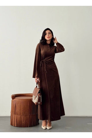 Kadife Yandan Bağlamalı Yarım Pat Düğmeli Özel Gün Günlük Uzun Boy Kadın Elbise