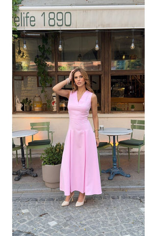 V Yaka Kolsuz Belden Oturan Atlas Maxi Kadın Günlük Özel Gün Elbise