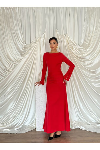 Kol Düğme Detaylı Çan İnen Beli Oturan Uzun Boy Günlük Özel Gün Marbella Kadın Elbise